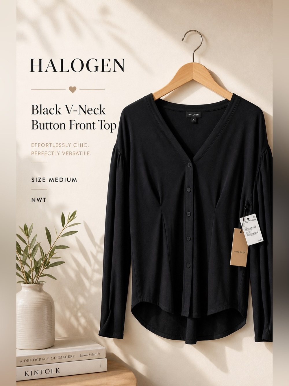 Halogen Black V-Neck Button Front Blouse Size Medium NWT
